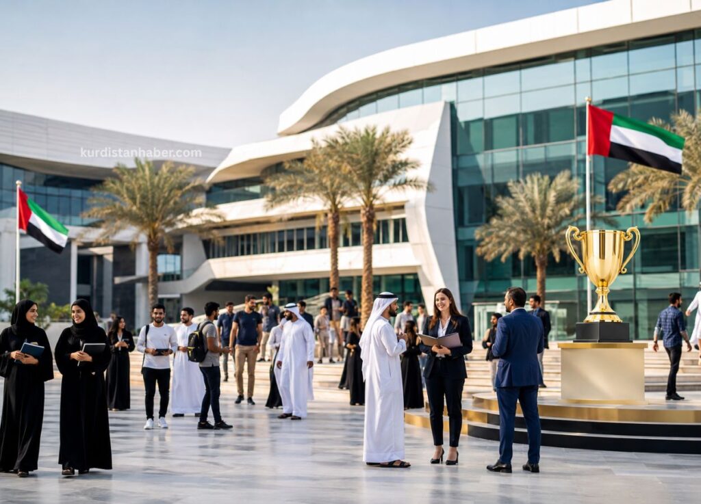Outdoor plaza at a modern campus with a large gold trophy on a pedestal, UAE flags, and groups of students and professionals chatting nearby.