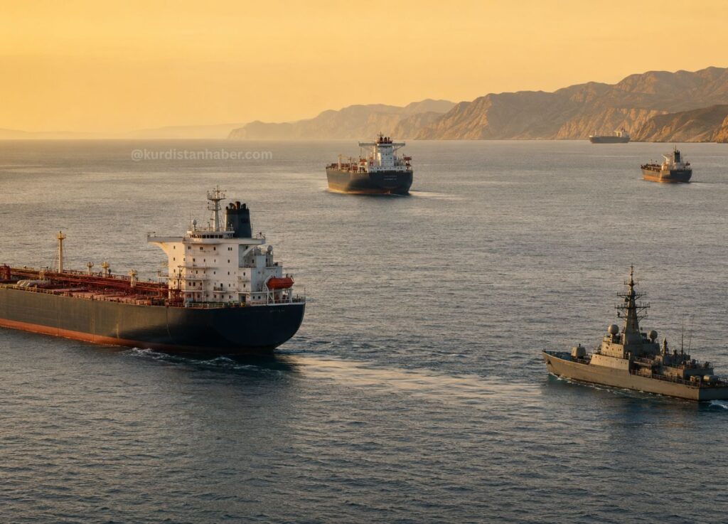Bahrain and Kuwait Join Military Action Against Iran in Rare Gulf Retaliatory Strikes - Large cargo ship at sea near a rocky coastline at sunset, with two smaller vessels nearby.