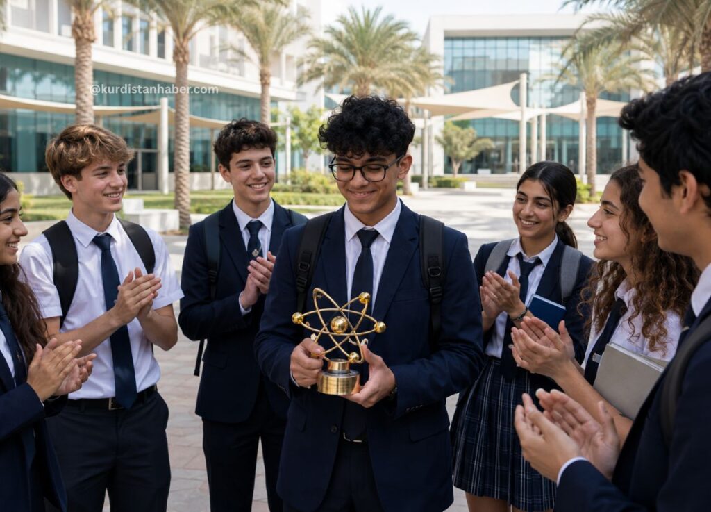 Dubai College Student Wins Global Science Competition After Outperforming 200 Participants - Group of students in uniforms outside, one student in the center holding a gold atom trophy while classmates applaud around him.