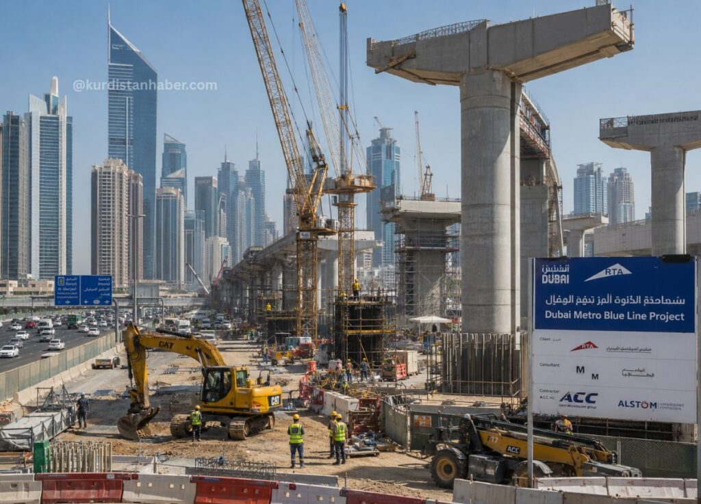 Dubai Metro Blue Line Explained Routes Stations and Construction Progress 2 - Construction site for Dubai Metro Blue Line with cranes and elevated tracks under construction in a cityscape.