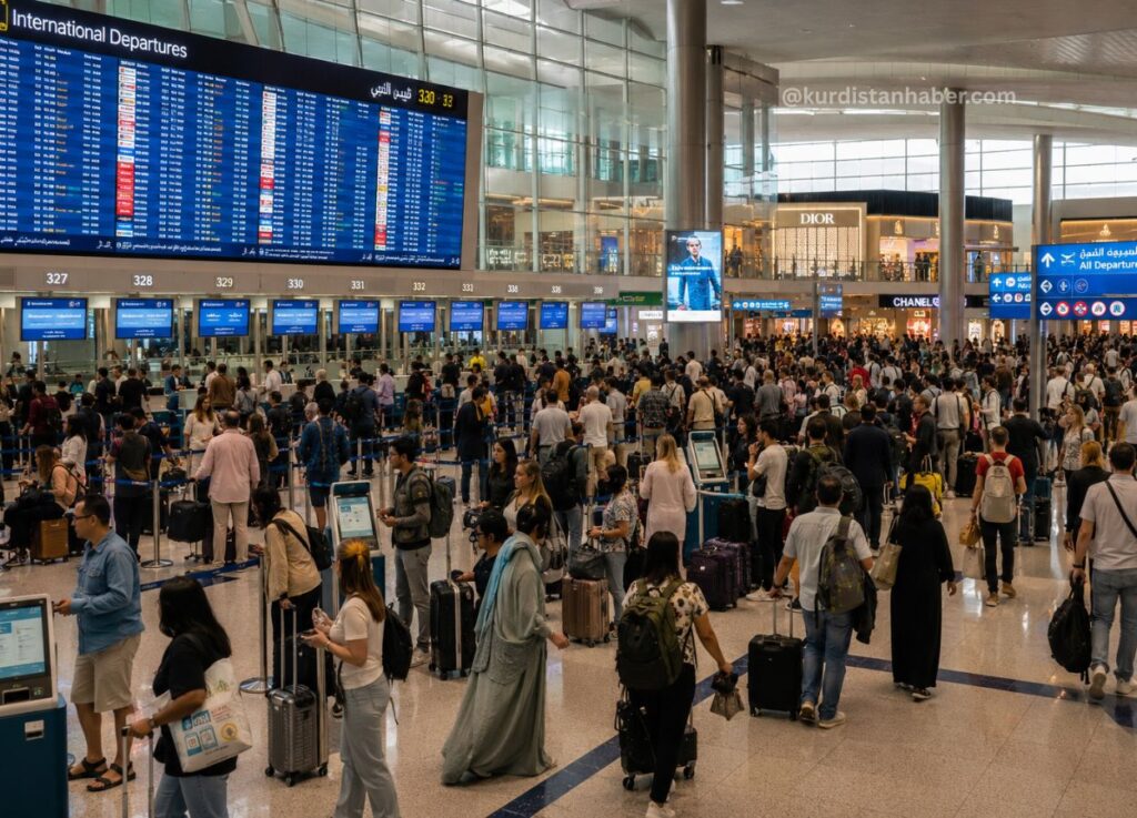 UAE-Bound Flights Brace for End-of-Summer Rush as Late August Travel Demand Climbs 2 - Crowded international departures hall at an airport with a large blue flight board displaying flight times and gates.