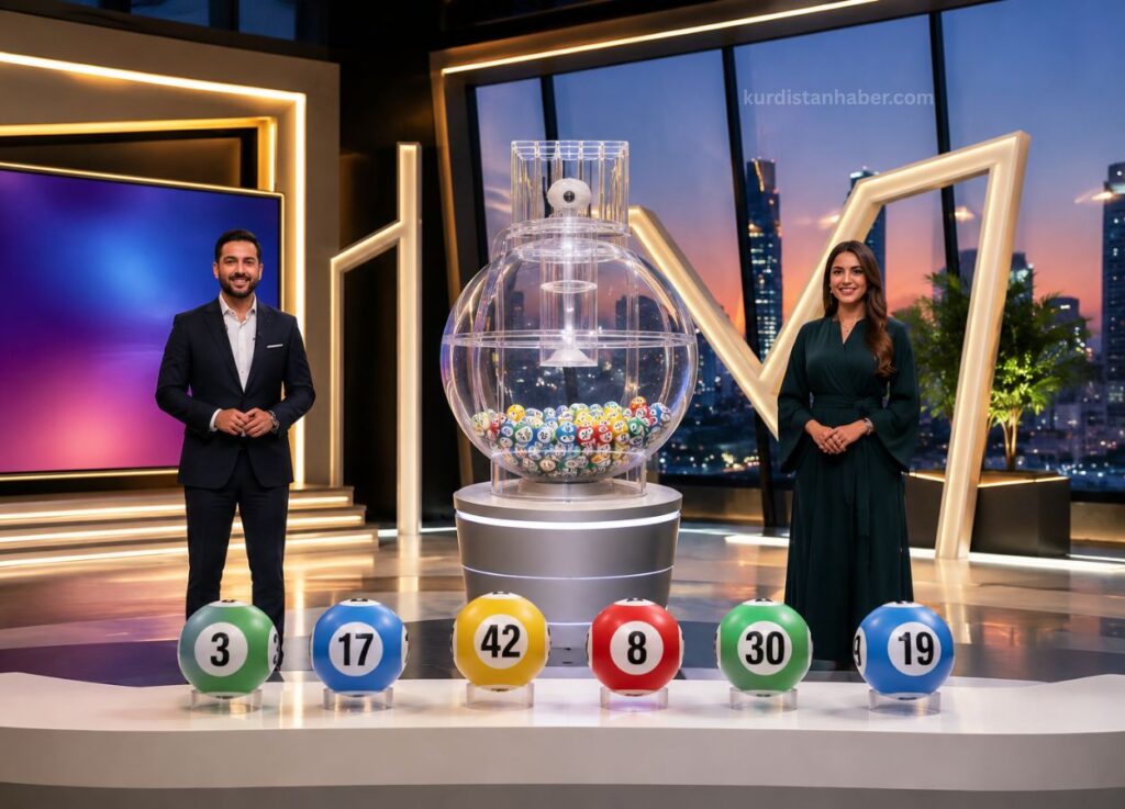 UAE Lottery Awards Dh100,000 Each to Three Lucky Day Winners (2) - Two news hosts stand on a glossy TV set with a large transparent lottery drum filled with colored balls between them, and big decorative lights in the background.