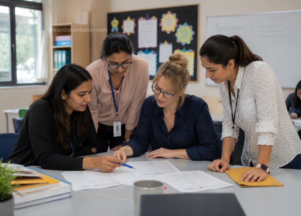 UAE School Leaders Confident of Smooth Start to New Academic Year After Iran War Disruptions - Four women collaborate over printed documents at a classroom table, with folders and pens nearby.",
