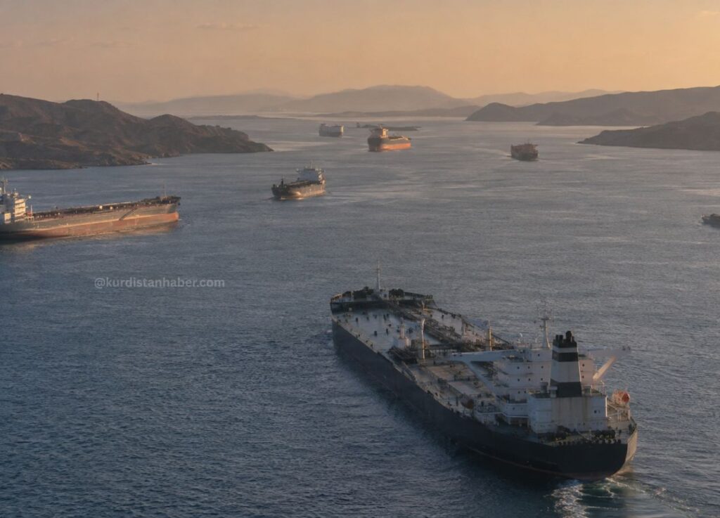 A large cargo ship leads a convoy of tanker ships in a calm bay at sunset, with rocky islands in the distance.